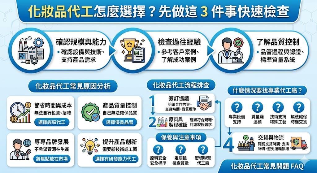 化妝品代工已成為許多品牌提升生產效率與降低成本的重要途徑。在選擇化妝品代工廠時，除了考慮其生產設備與技術外，還需注意代工流程的透明度與產品質量控制。本文將深入介紹如何選擇合適的化妝品代工廠，涵蓋代工常見原因、合作模式與常見問題，幫助您做出明智決策，確保品牌的產品品質與市場競爭力。